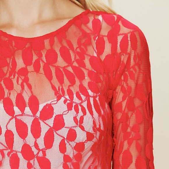 Free People | Red Floral Mesh Lace Dress - Picture 8 of 8